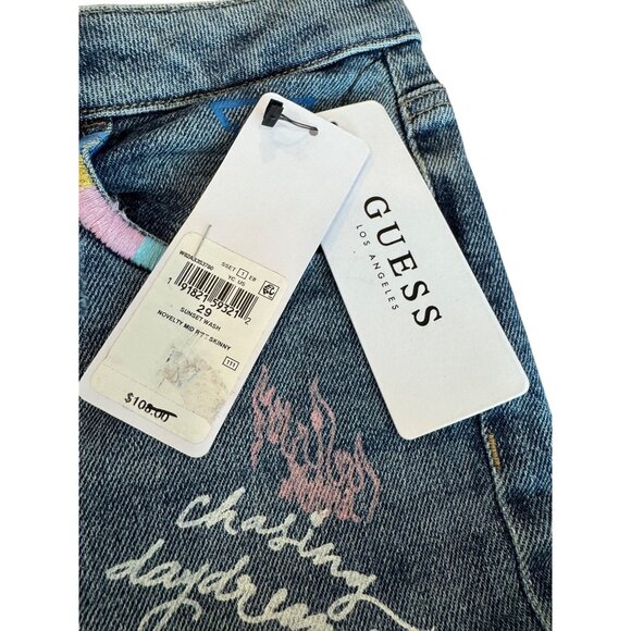 Guess Mid Rise Skinny Jeans Womens Size 29 Blue Distressed Graffiti Print Denim - Picture 8 of 11